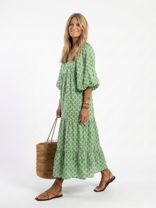 Apolline | Vestido midi estampado com mangas três quartos e decote em V