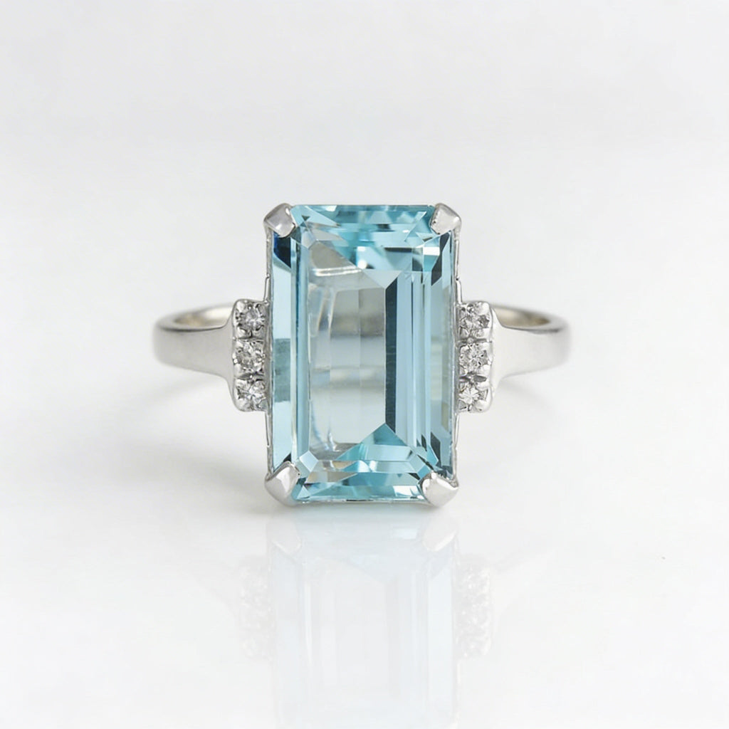 Anel elegante clássico com pedra preciosa azul-marinho quadrada, com 4 garras