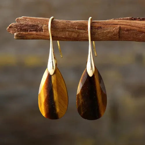 Elegant Natural Stone Tiger Eye Teardrop Earrings