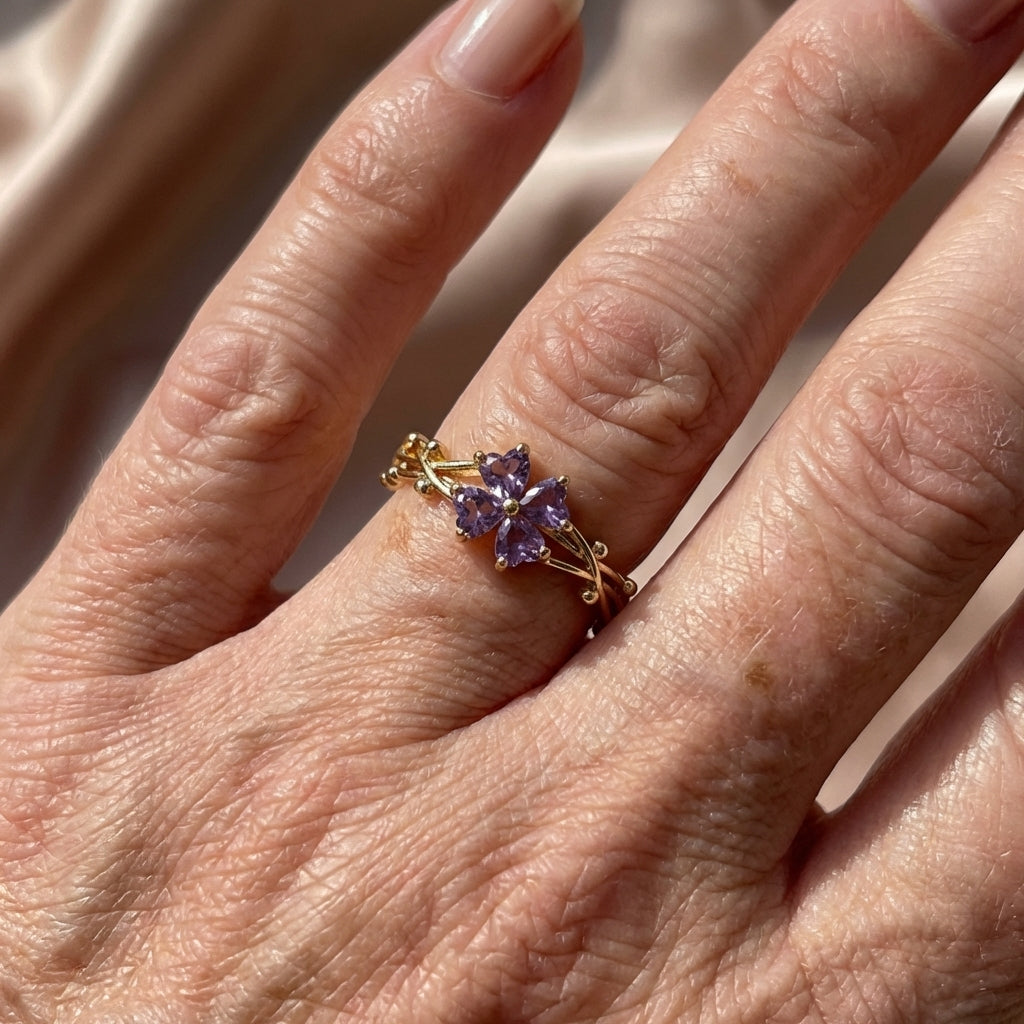 Anel aberto elegante roxo de trevo de quatro folhas com zircônia