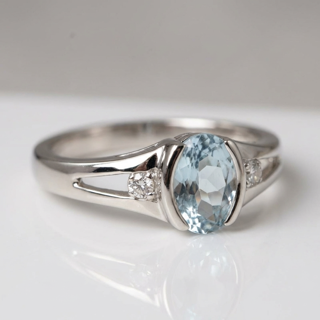 Anel elegante banhado a prata, oval, com pedra azul-clara