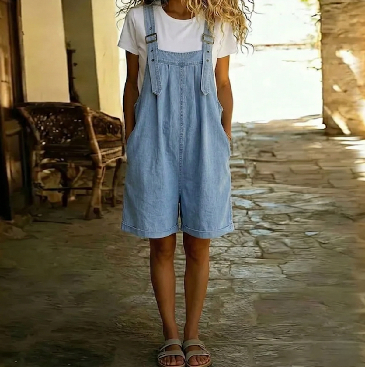 Clara | Peto corto de aspecto vaquero de algodón suave vintage desgastado, azul claro