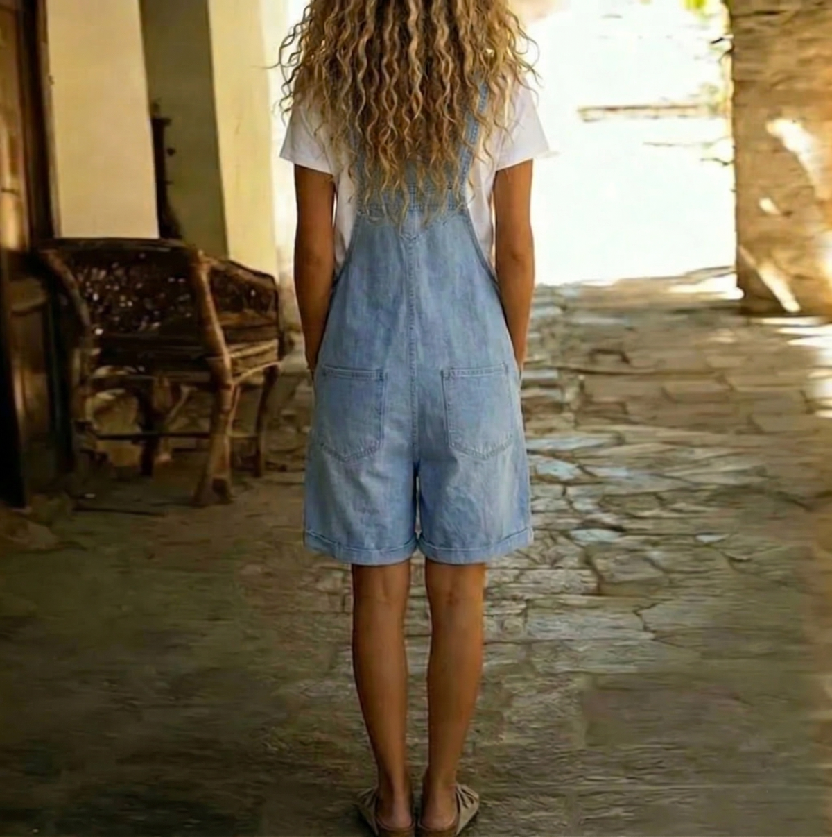 Clara | Peto corto de aspecto vaquero de algodón suave vintage desgastado, azul claro