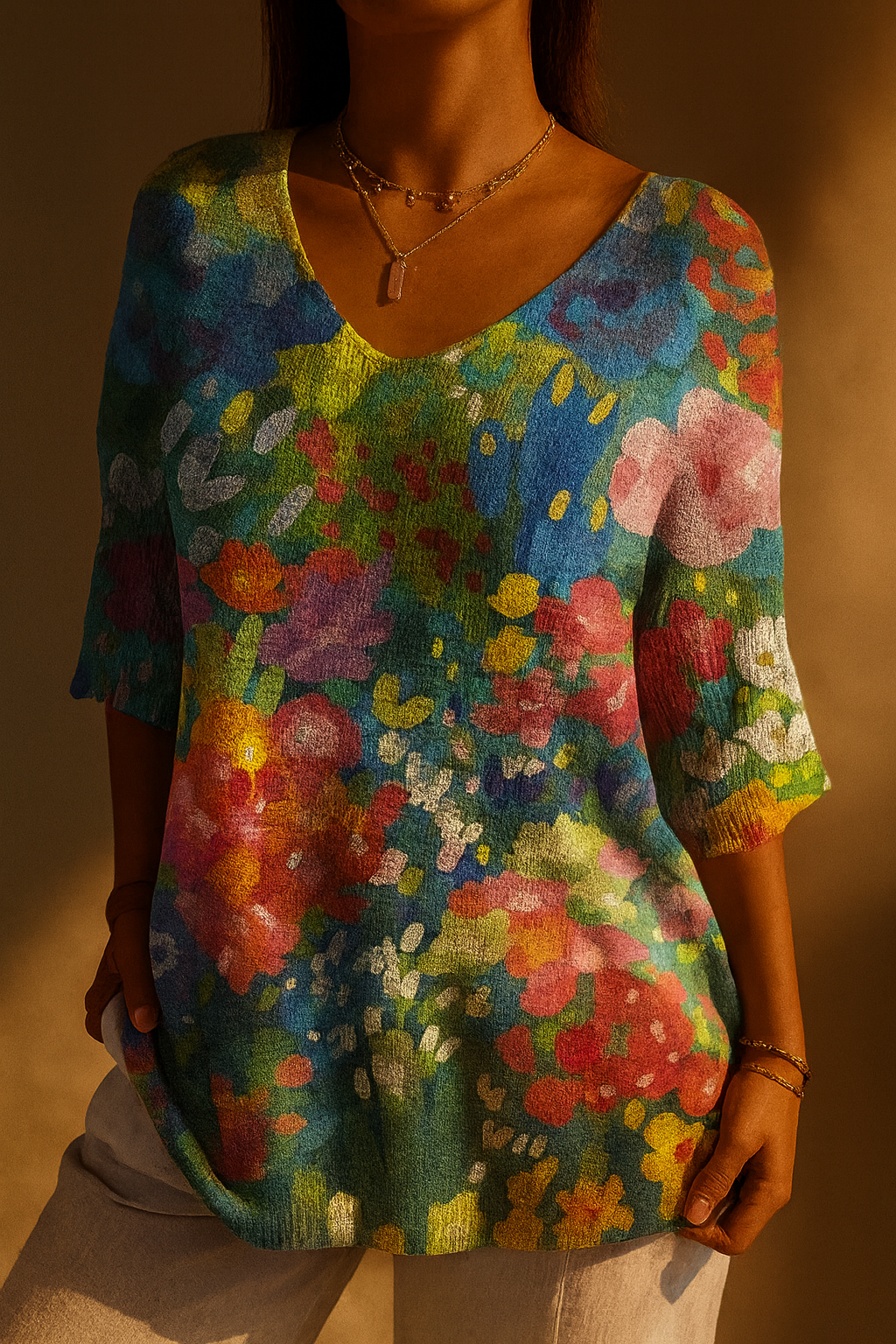 Suéter casual de punto para mujer con estampado artístico floral vintage encantador