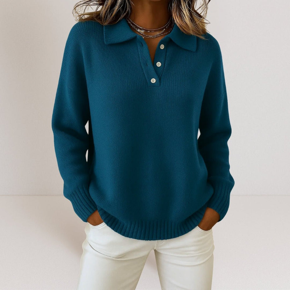 Knit Sweater with Polo Collar and Button Placket