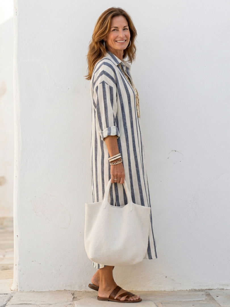 Naomi | Vestido Camisero Midi a Rayas con Manga Larga
