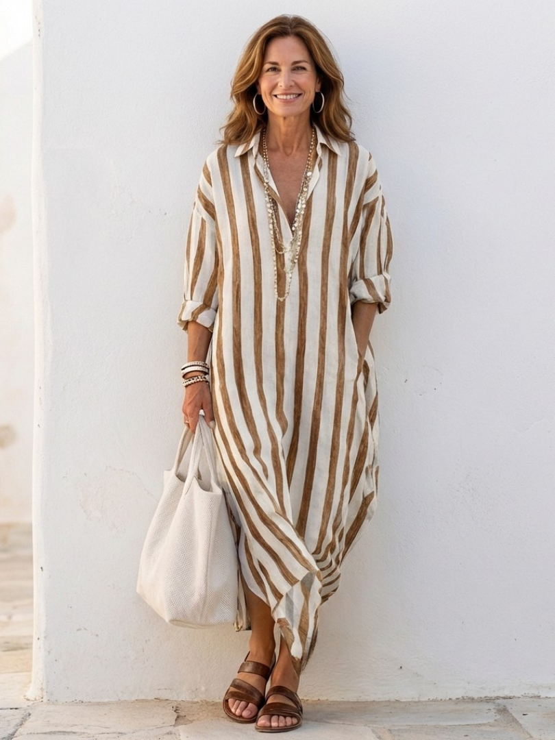 Naomi | Vestido Camisero Midi a Rayas con Manga Larga