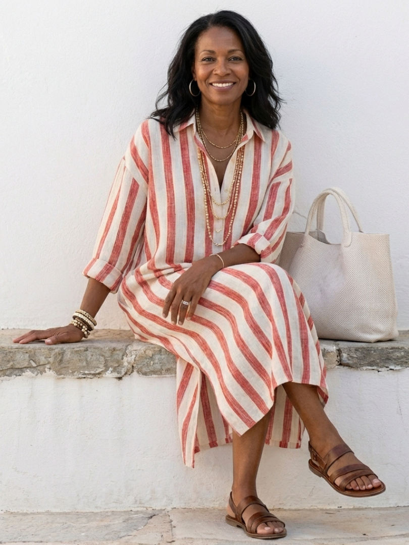 Naomi | Vestido Camisero Midi a Rayas con Manga Larga