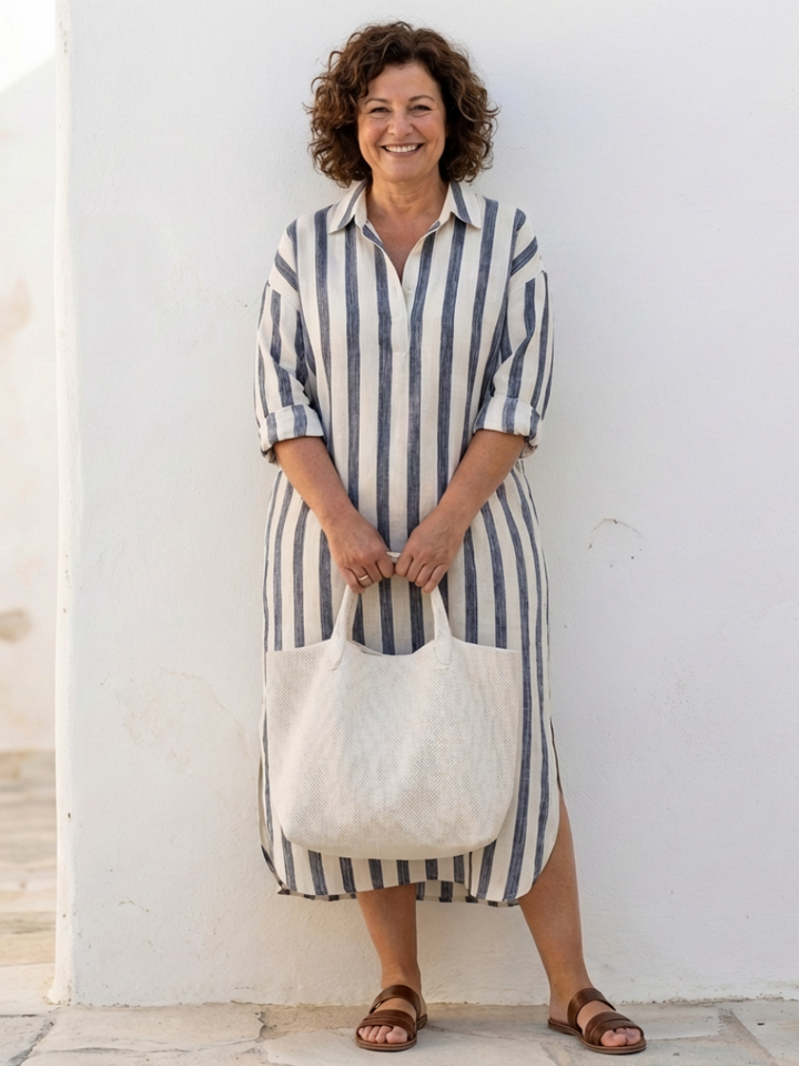 Naomi | Vestido Camisero Midi a Rayas con Manga Larga