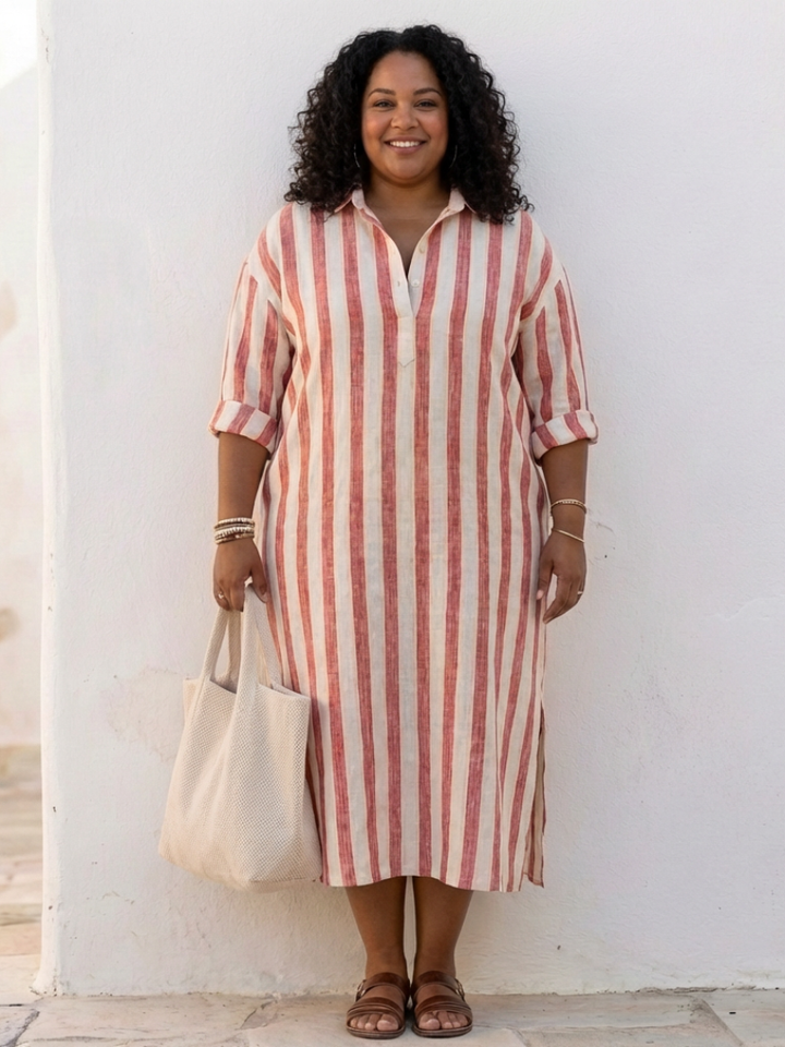 Naomi | Vestido Camisero Midi a Rayas con Manga Larga