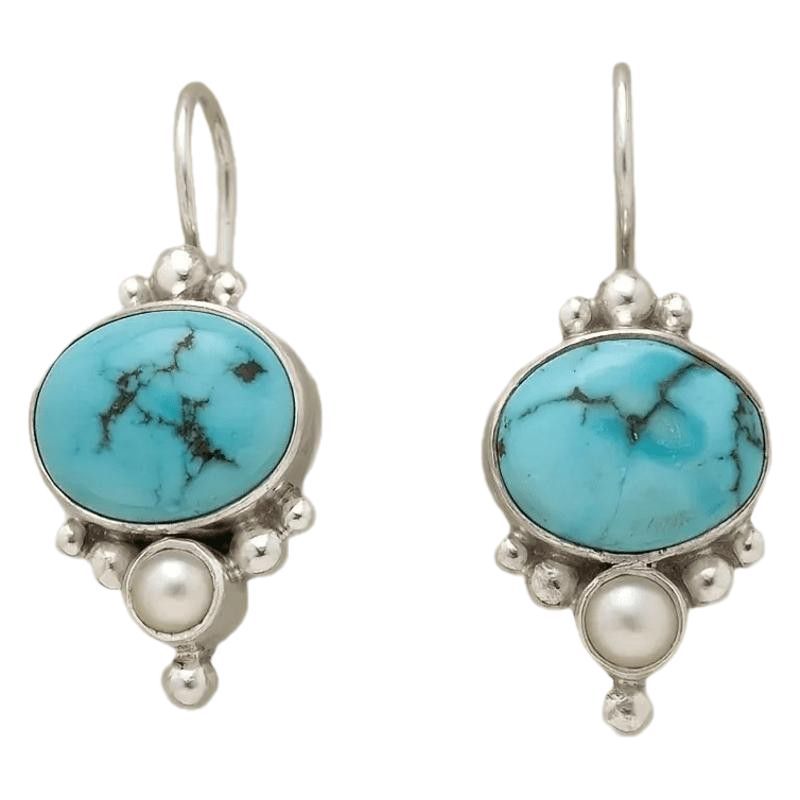 Vintage Silver Plated Turquoise & Pearl Drop Earrings