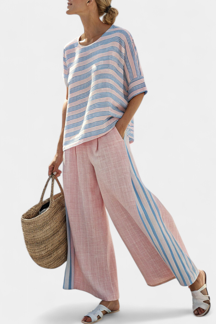 Virella | Blusa elegante de linho rosa e azul e calças macias
