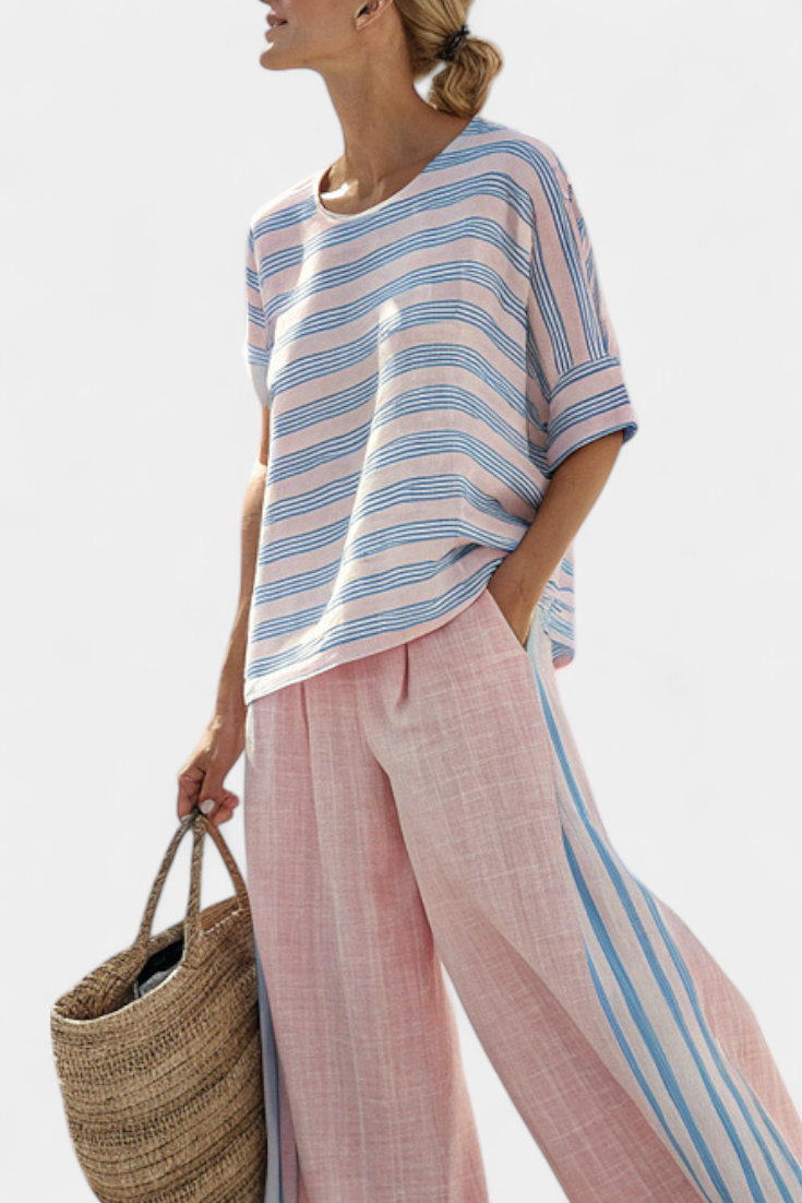 Virella | Blusa elegante de linho rosa e azul e calças macias