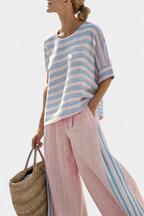 Virella | Blusa elegante de linho rosa e azul e calças macias