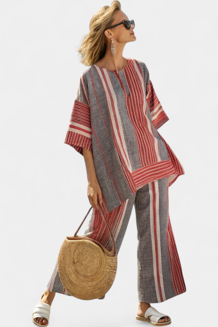 Bravine | Top elegante de lino coral y gris y pantalones de pierna ancha