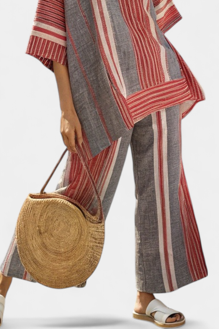 Bravine | Top elegante de lino coral y gris y pantalones de pierna ancha