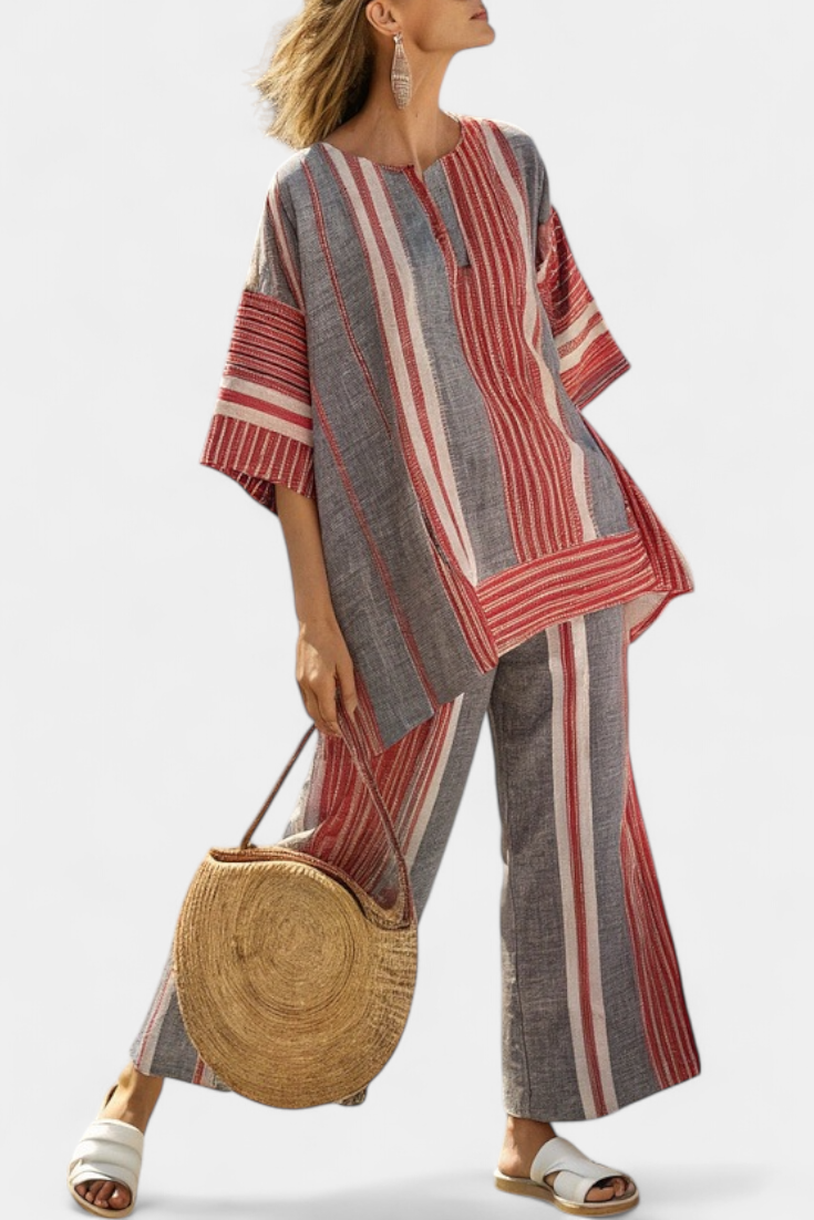 Bravine | Top elegante de lino coral y gris y pantalones de pierna ancha
