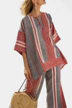 Bravine | Top elegante de lino coral y gris y pantalones de pierna ancha