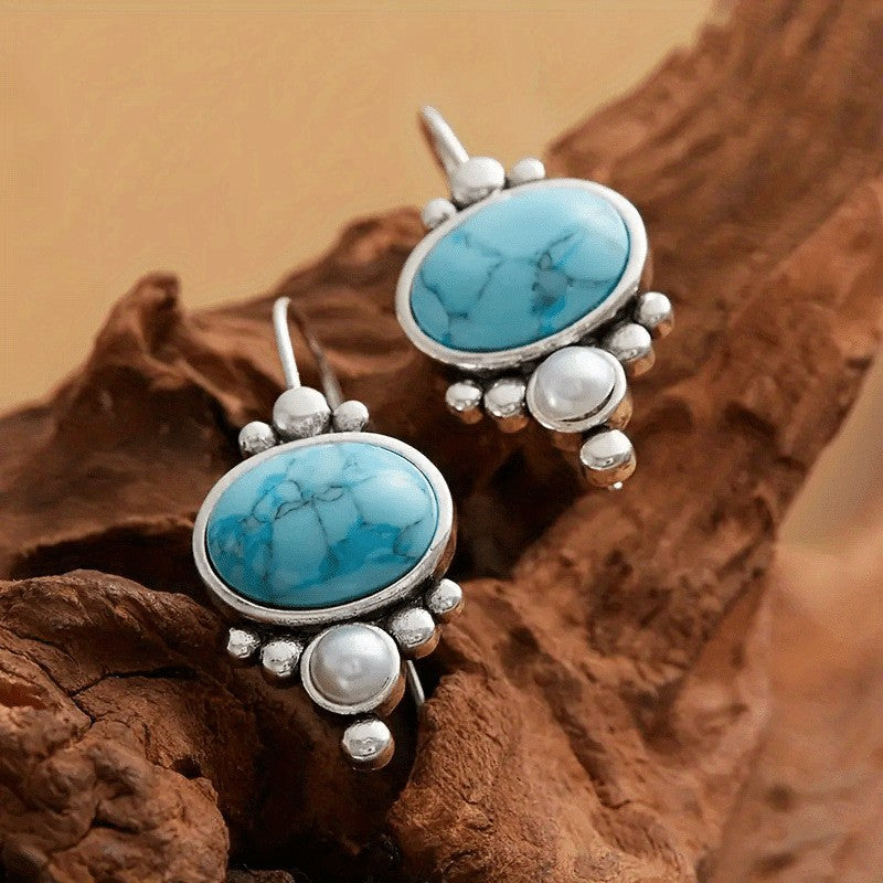 Vintage Silver Plated Turquoise & Pearl Drop Earrings