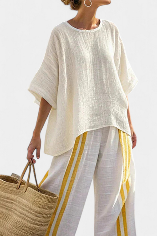 Anselor | Top elegante de lino amarillo a rayas y pantalón de pierna ancha