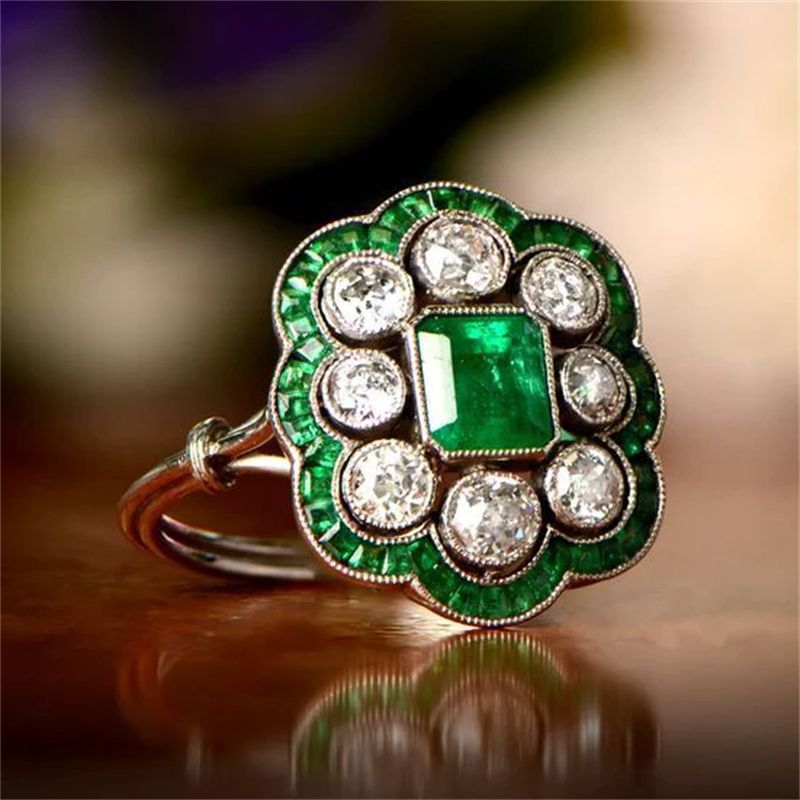 Anel vintage de esmeralda e zircônia, banhado a ouro
