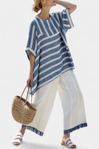 Corvielle | Top sofisticado azul às riscas e calças com bainha detalhada