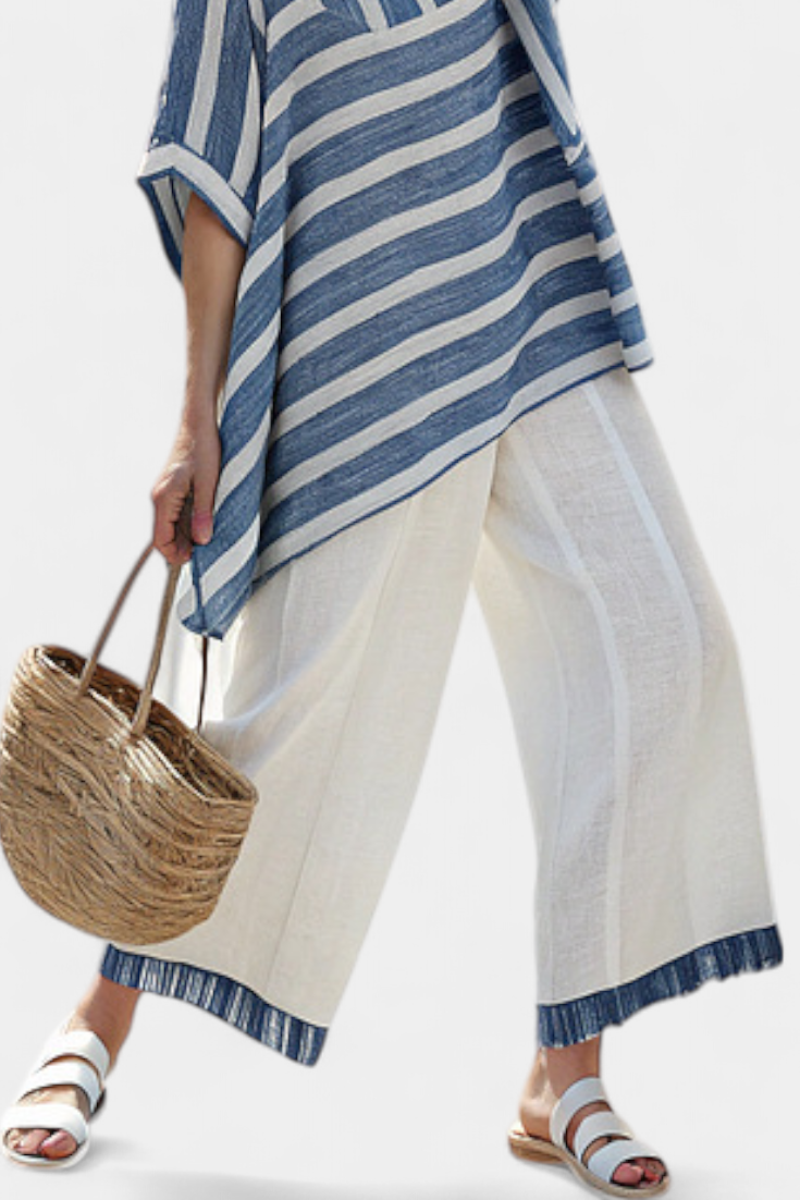 Corvielle | Top sofisticado azul às riscas e calças com bainha detalhada