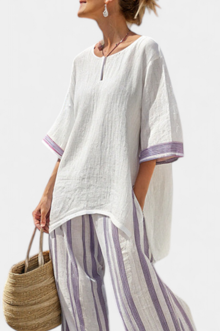 Luxmere | Blusa Cómoda y Relajada & Pantalones de Bambú a Rayas