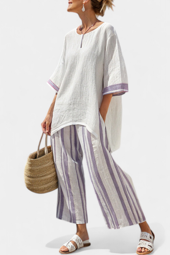 Luxmere | Blusa Cómoda y Relajada & Pantalones de Bambú a Rayas