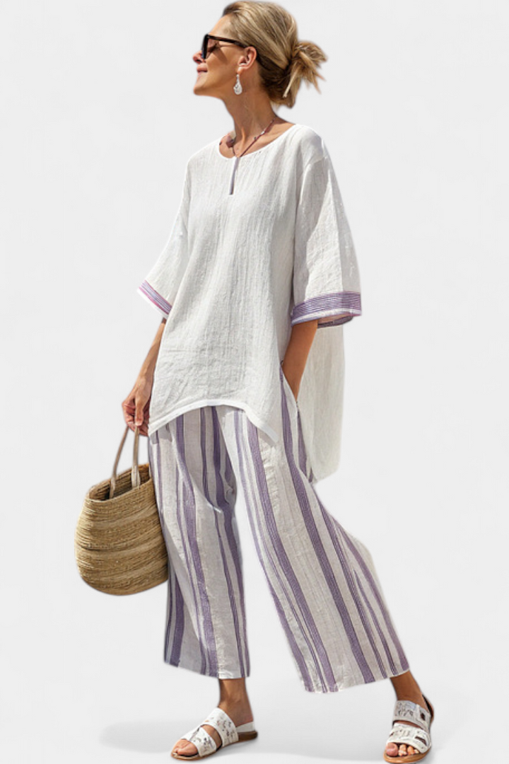 Luxmere | Blusa Cómoda y Relajada & Pantalones de Bambú a Rayas