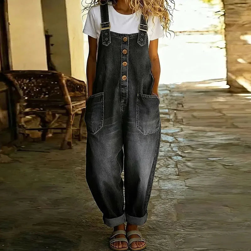 Mae | Overol vintage de algodón suave con aspecto de mezclilla y tirantes ajustables