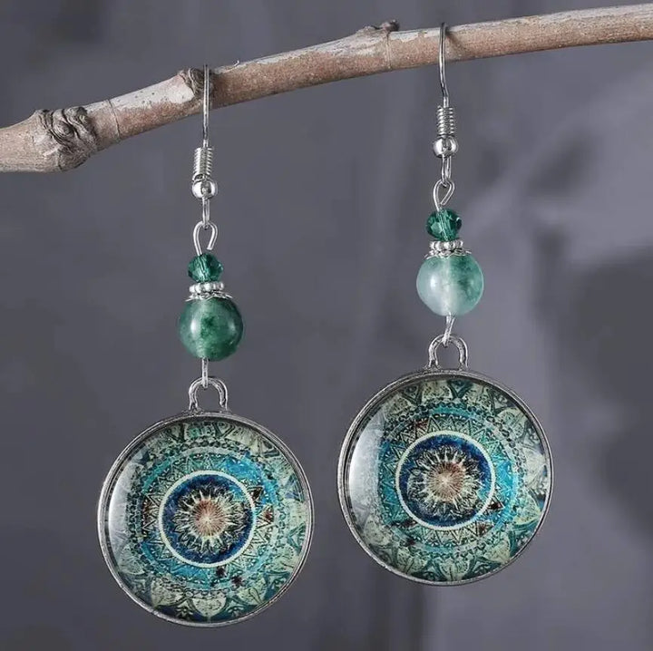 Boho Mandala Glass Disc Drop Earrings