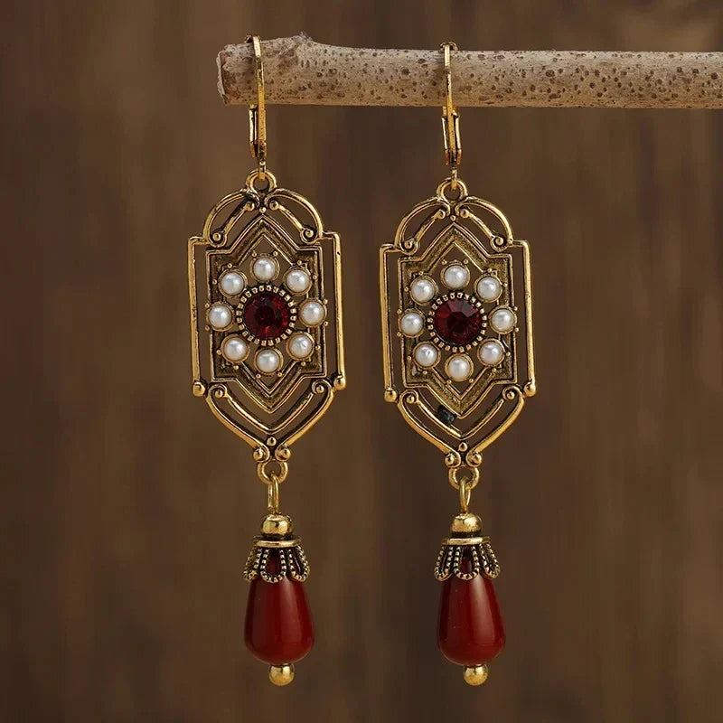 Art Deco Gold Garnet & Pearl Drop Earrings