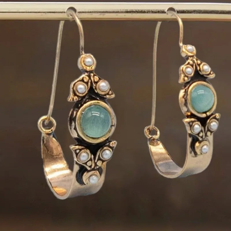Vintage Mint Cabochon Pearl Hoop Earrings