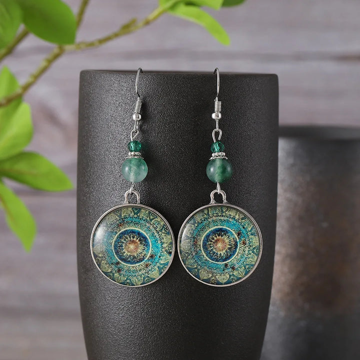 Boho Mandala Glass Disc Drop Earrings