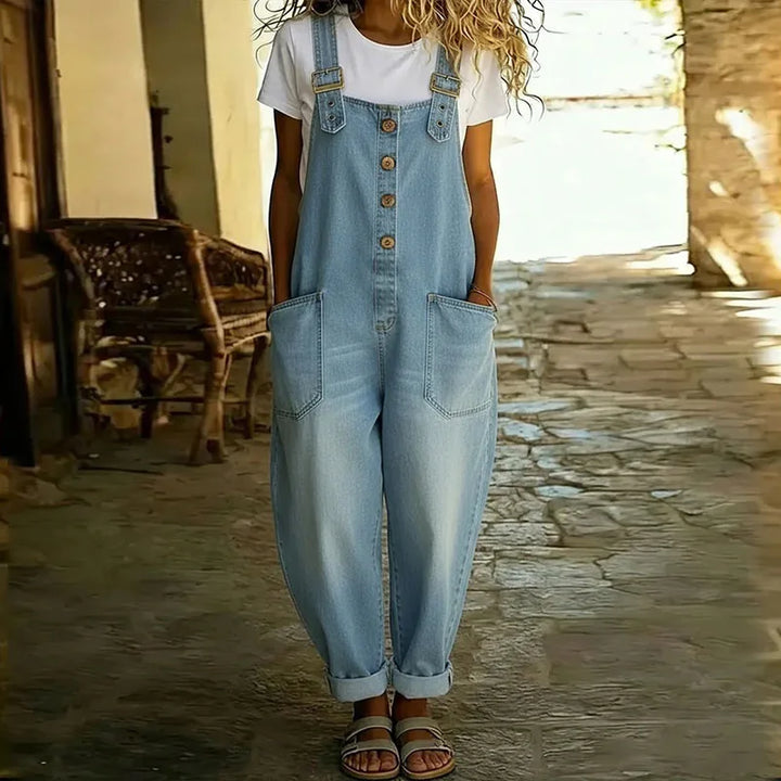 Mae | Overol vintage de algodón suave con aspecto de mezclilla y tirantes ajustables