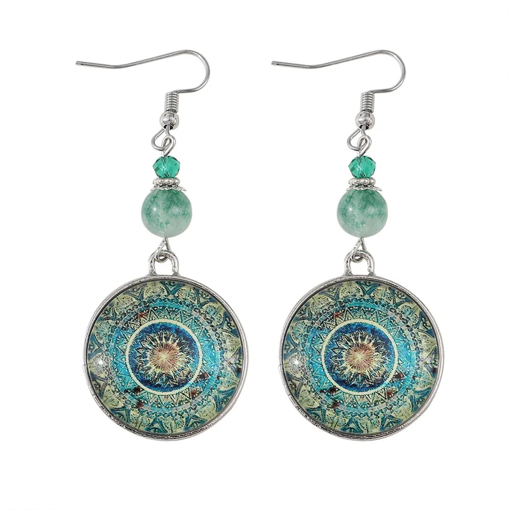 Boho Mandala Glass Disc Drop Earrings