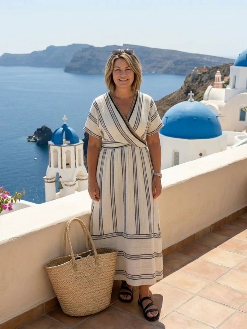 Thalassa | Vestido midi cruzado con escote en V y manga corta con cintura ajustable