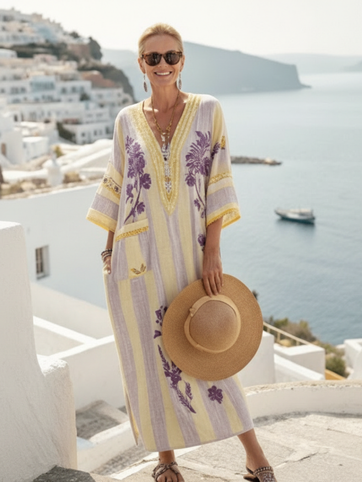 Aurelia | Vestido maxi floral a rayas con escote en V y manga media