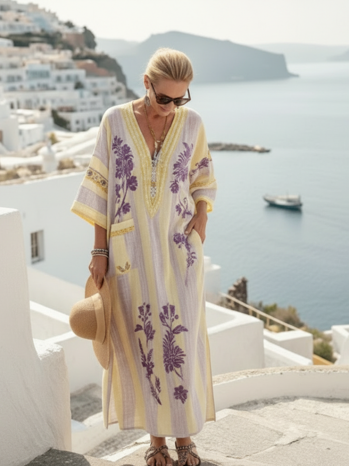 Aurelia | Vestido maxi floral a rayas con escote en V y manga media