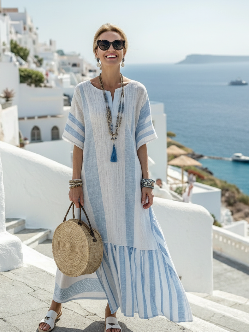 Ione | Vestido Maxi a Rayas con Cuello Redondo y Manga Corta