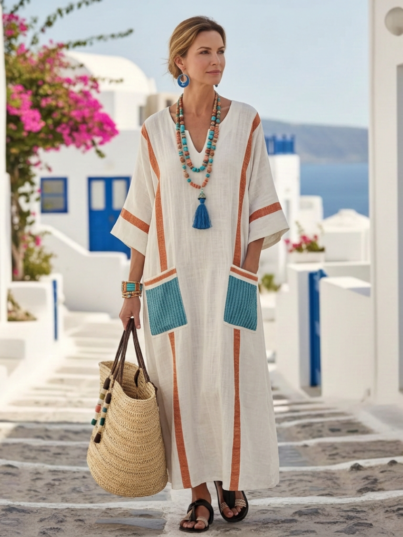 Noemi | Vestido maxi con escote en V, manga tres cuartos y bolsillos