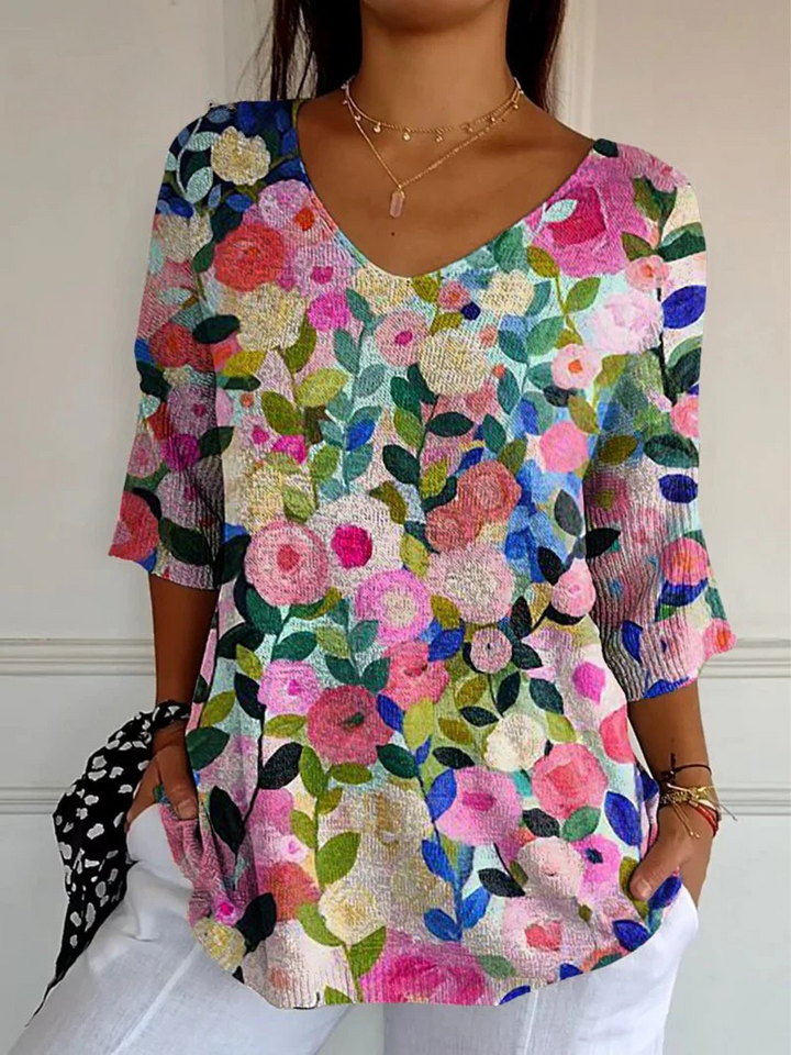 Suéter casual de punto para mujer con estampado de jardín floral colorido de primavera