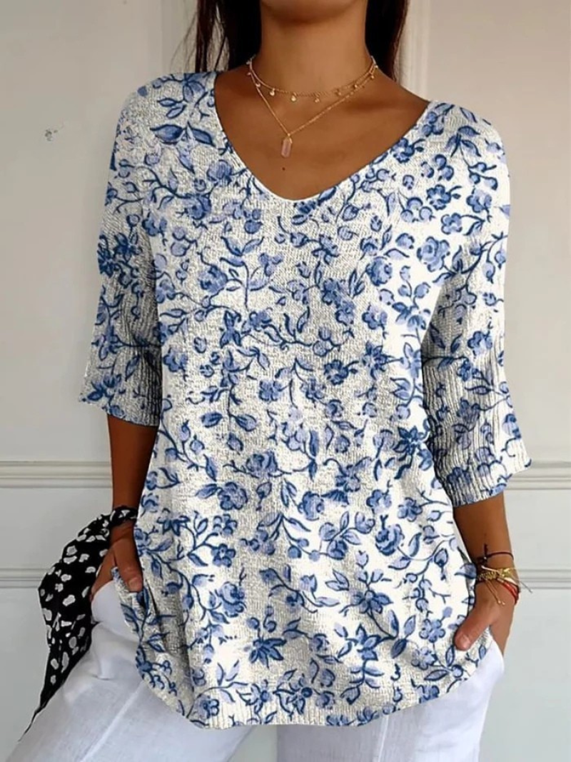 Suéter informal de punto para mujer con estampado de pequeñas flores azules
