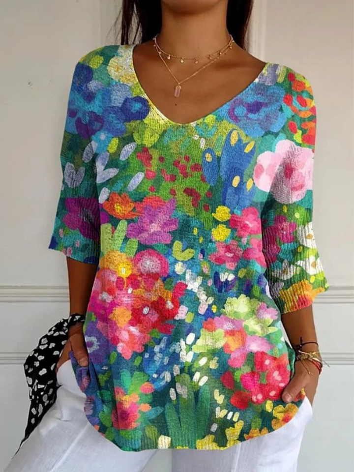Suéter casual de punto para mujer con estampado artístico floral vintage encantador