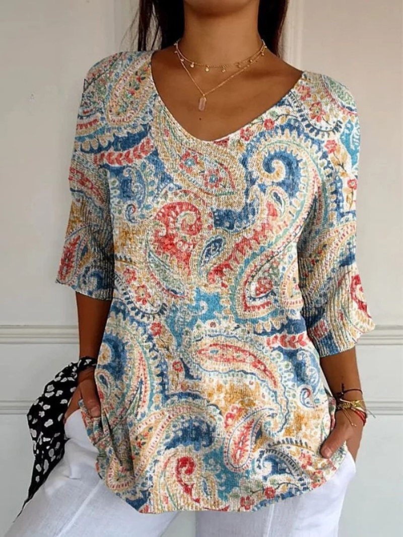 Suéter informal de punto para mujer con estampado artístico floral étnico vintage