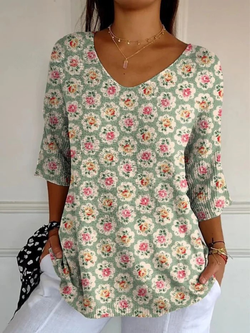 Suéter informal de punto para mujer con estampado artístico floral étnico vintage