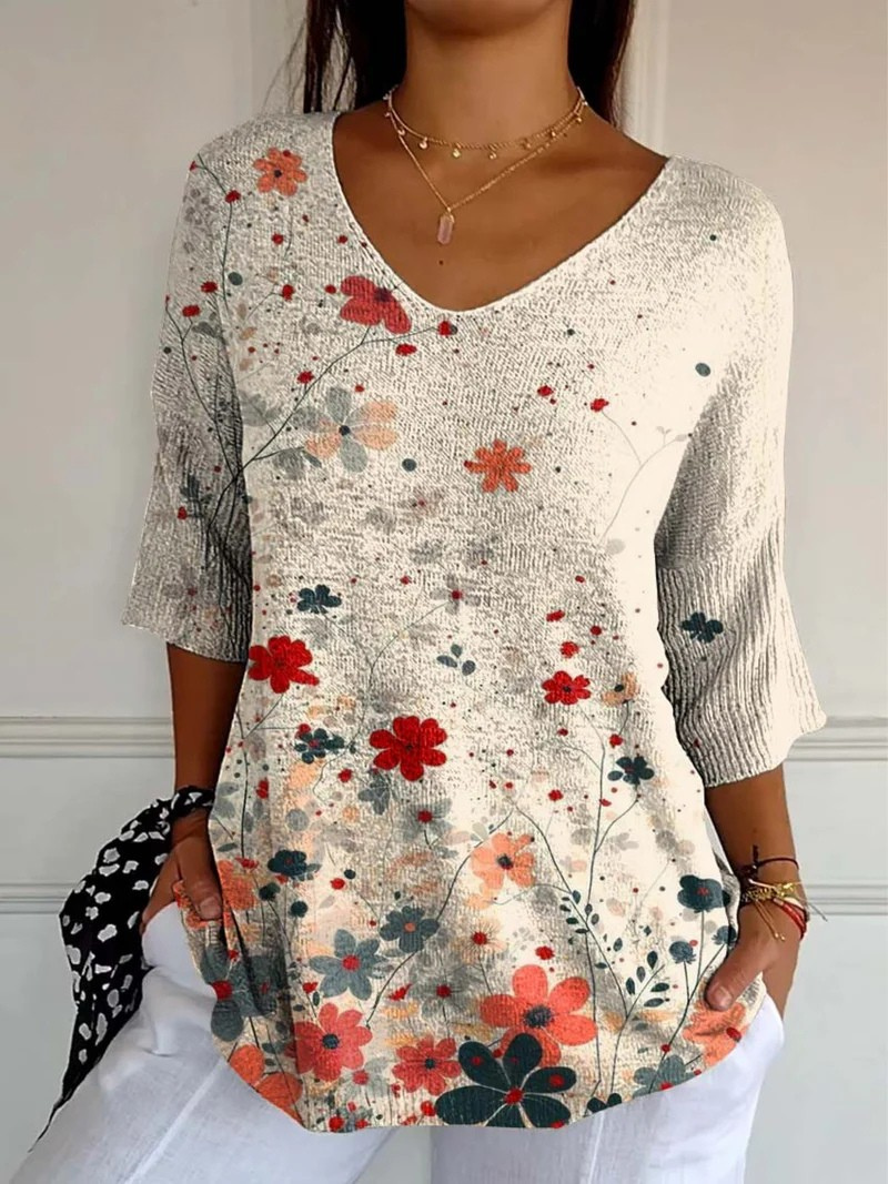 Suéter informal de punto para mujer con estampado artístico floral vintage