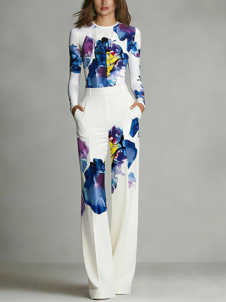 Conjunto de Blusa com Decote Redondo e Calças em Blocos de Cor Sienna