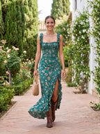 Sara | Vestido largo de estilo bohemio retro con mangas abullonadas y abertura alta